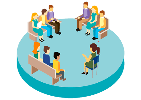 Ilustración de personas reunidas en mesa redonda para la sección de plan de estudio del programa de Comunicación Social Y periodismo 